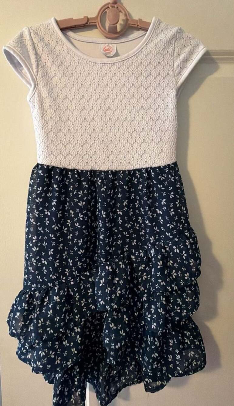 Wonder Nation Girls Short Sleeve White and Navy Blue Floral Tiered Dress Size XS